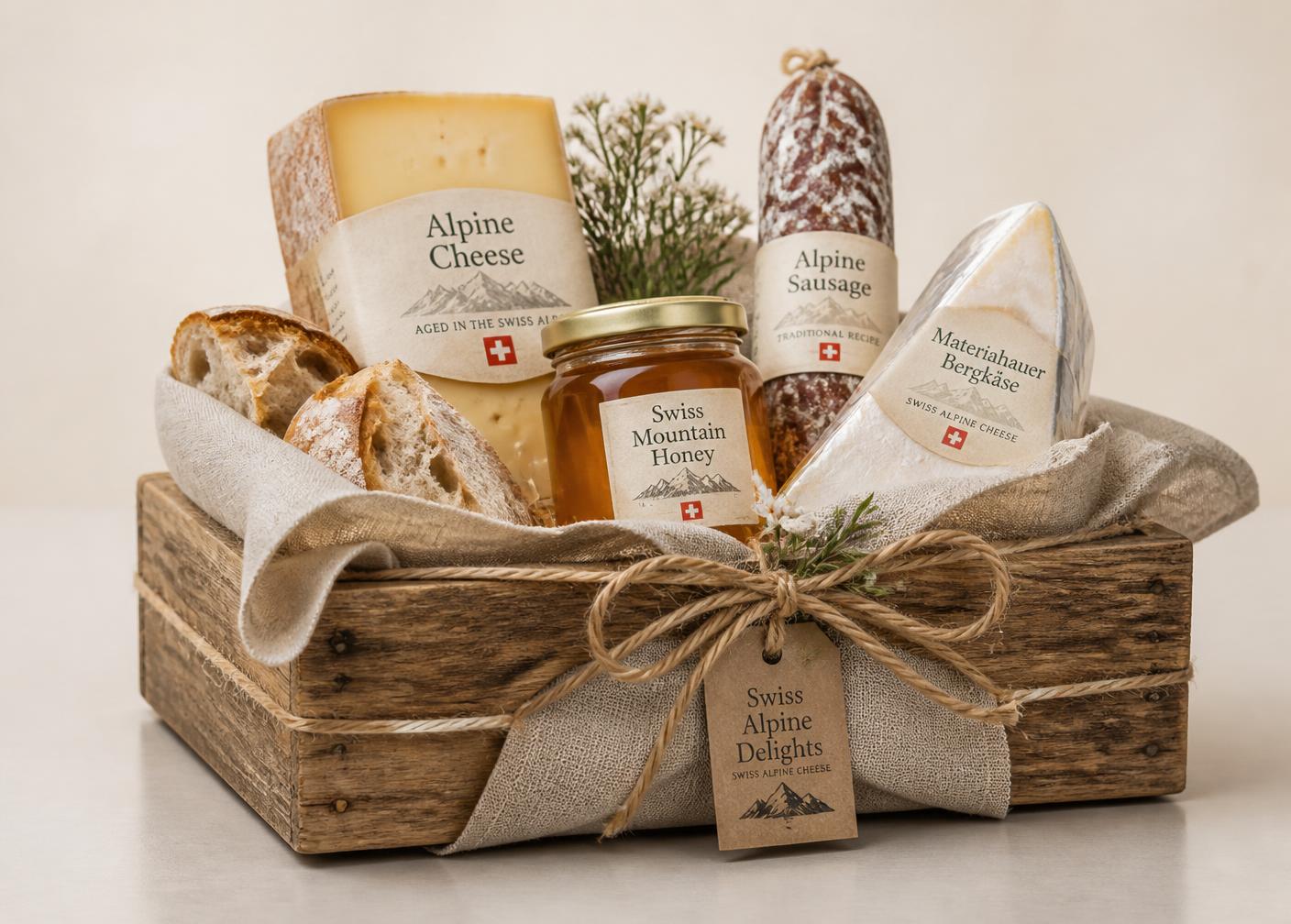 Wooden gift crate with alpine cheese, honey and dried sausage